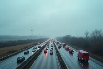 Embouteillage important sur l'autoroute entre Lille et Valenciennes suite à un accident, véhicules immobilisés sous un ciel gris