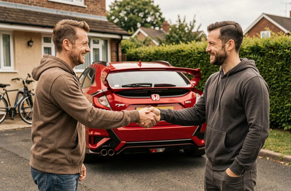 Remise des clés d'une Honda Civic Type R EP3 rouge lors d'une vente entre particuliers