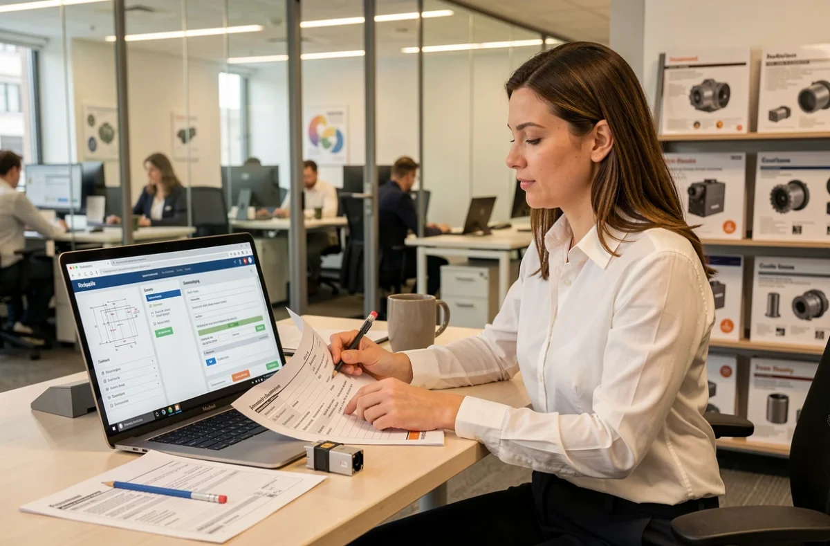 Spécialiste en approvisionnement analysant des fiches techniques de variateurs PT Drive sur mesure dans un bureau moderne