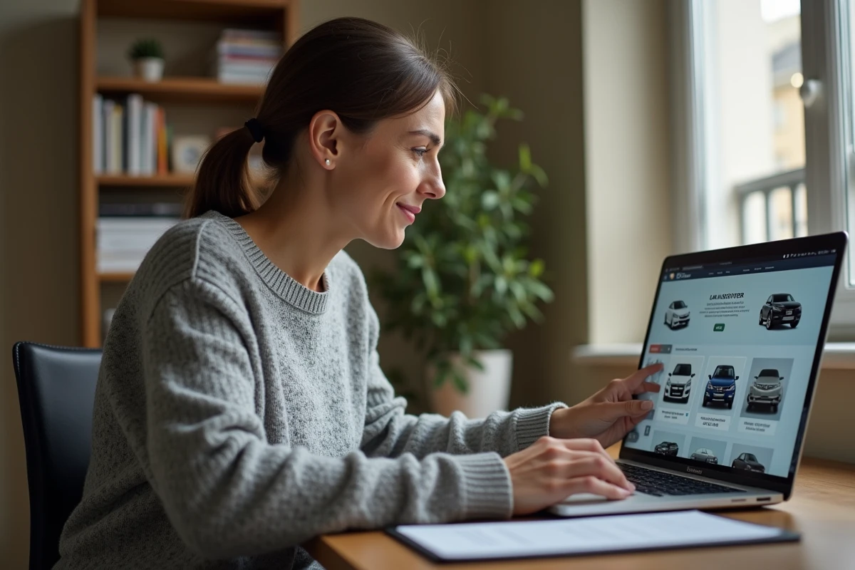 Femme consultant un site d'achat de voiture en ligne comme Aramisauto depuis son bureau à domicile
