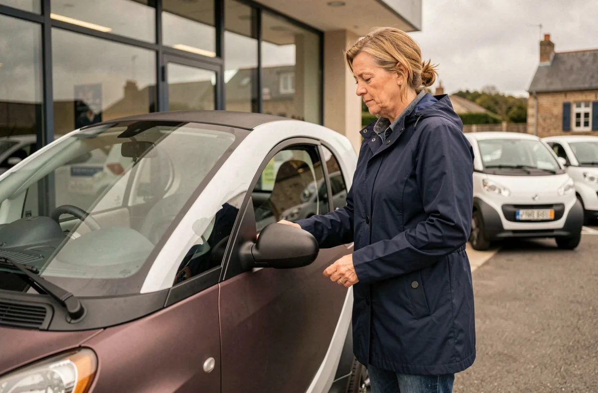 Femme examinant une voiture sans permis chez un concessionnaire à Saint-Malo