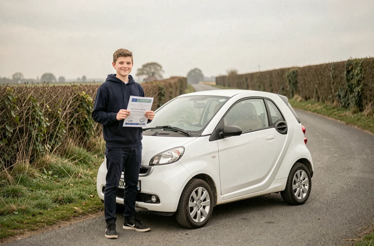 Adolescent de 16 ans avec son certificat de permis AM à côté d'une voiture sans permis sur route rurale