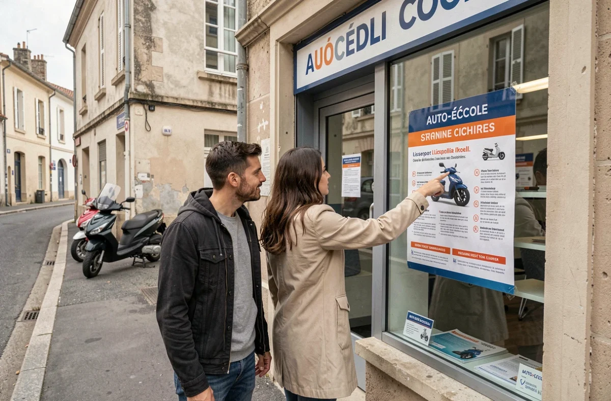 Deux adultes devant une auto-école consultant une affiche sur les règles de permis scooter, illustrant les obligations légales méconnues