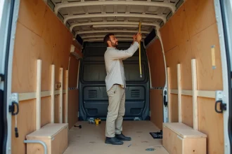 Homme debout dans un van aménagé Renault Master L2H2 mesurant la hauteur intérieure avec un mètre ruban lors de l'aménagement
