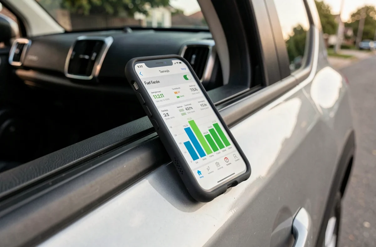 Application de suivi de consommation de carburant affichant les statistiques d'économie d'un SEAT ATK sur smartphone