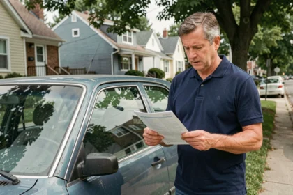 Homme examinant un contrat d'assurance auto tiers devant une vieille voiture dans une rue résidentielle