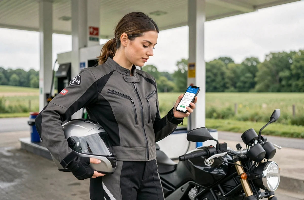 Motarde consultant son assurance moto en format numérique sur smartphone à une station-service