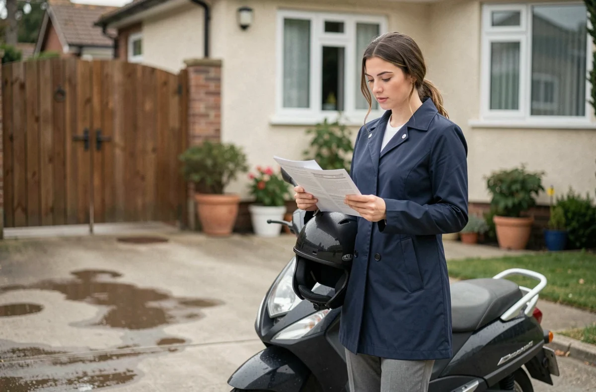 Femme consultant un contrat d'assurance au kilomètre à côté de son scooter dans une allée résidentielle