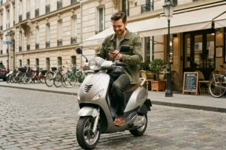 Homme vérifiant son application kilométrique sur un scooter urbain garé dans une rue pavée de ville française