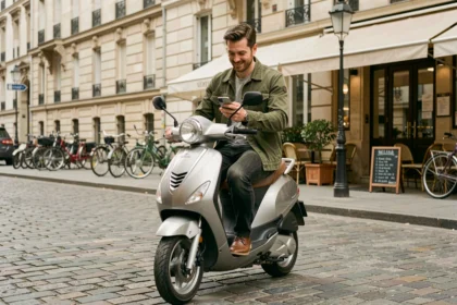 Homme vérifiant son application kilométrique sur un scooter urbain garé dans une rue pavée de ville française