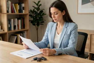 Femme consultant un contrat d'assurance auto au nom d'une autre personne, posée sur un bureau en bois avec des clés de voiture