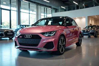 Audi A1 rose métallisé garée dans un showroom automobile moderne, vue en angle 3/4 avant sur sol en béton poli