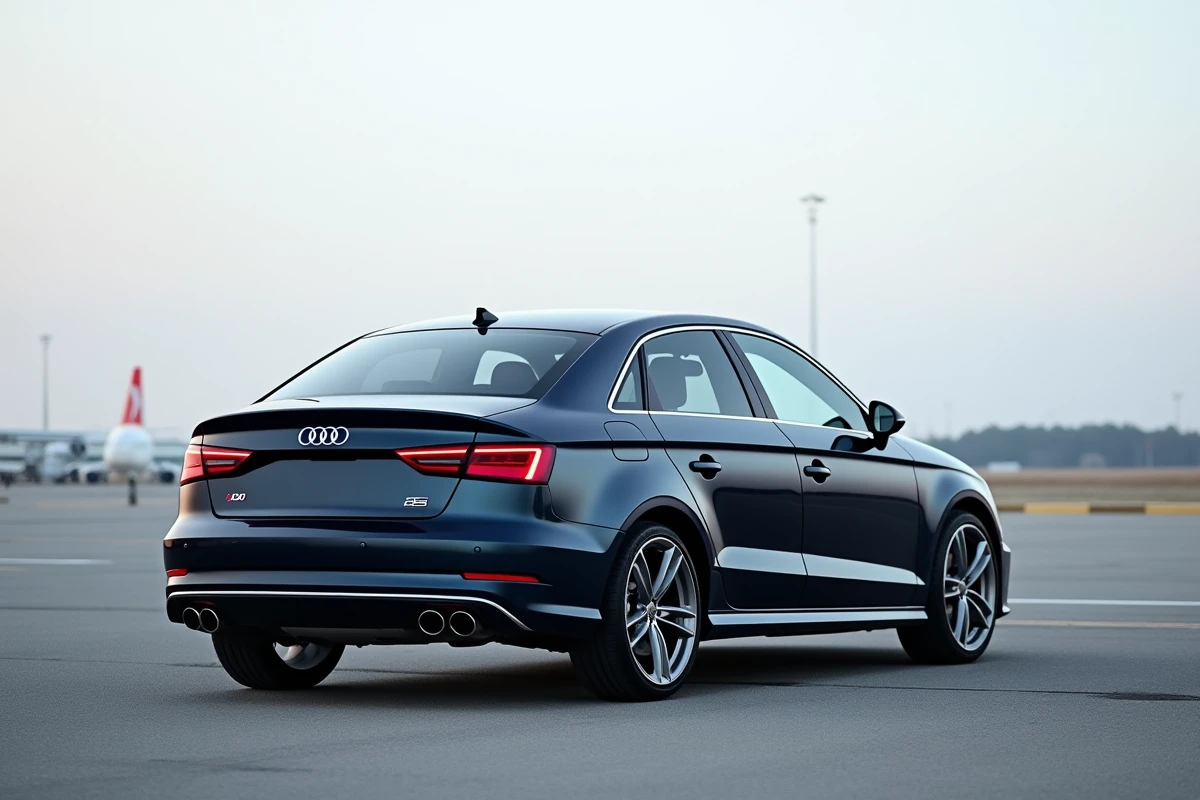 Audi A3 Berline bleu marine vue arrière trois quarts mettant en valeur le coffre et la ligne de carrosserie berline classique