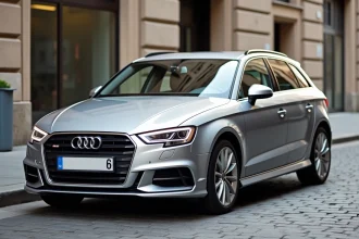 Audi A3 Sportback argent vue trois quarts avant dans une rue urbaine européenne montrant le profil cinq portes et le hayon