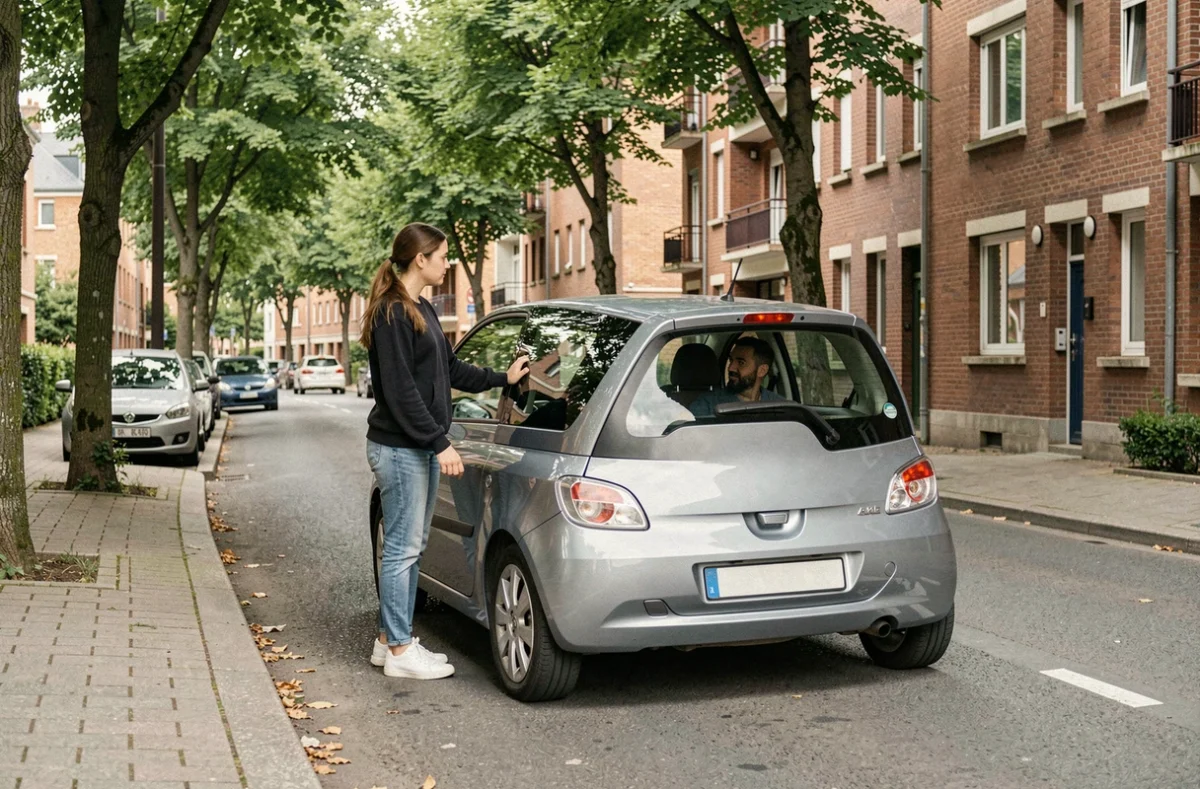 Élève de l'Auto Ecole Clairmarais effectuant un créneau dans une rue résidentielle du quartier Clairmarais à Reims