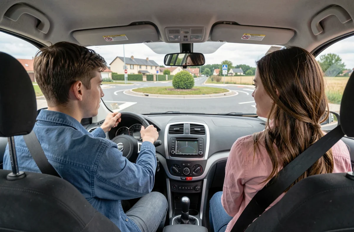 Élève de l'Auto-Ecole des Chetillons négociant un rond-point en périphérie de Reims sous la supervision d'une monitrice