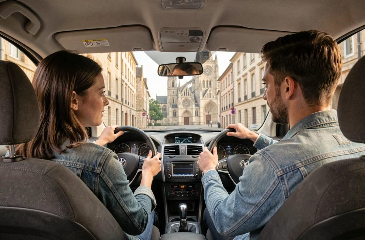 Monitrice de l'Auto-Ecole des Sacres avec un élève devant la cathédrale de Reims visible au travers du pare-brise
