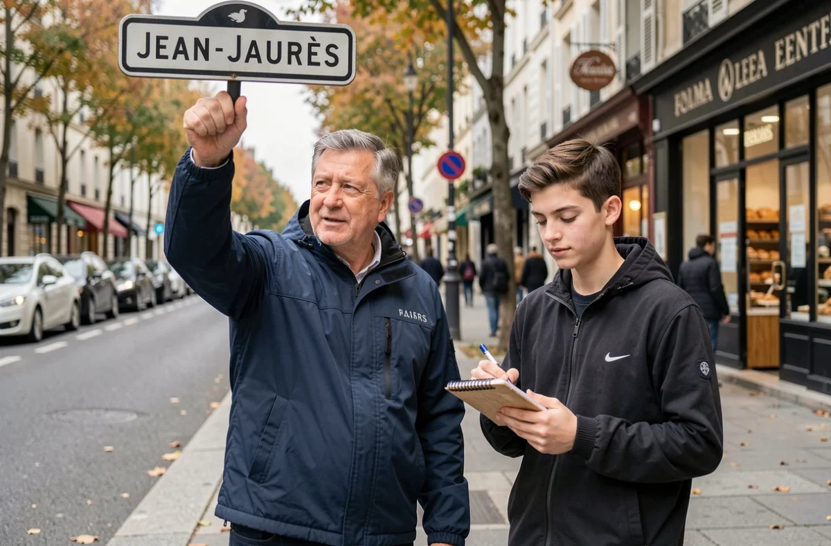 Moniteur de l'Auto Ecole Jean-Jaurès expliquant un panneau de signalisation à un élève sur une avenue de Reims