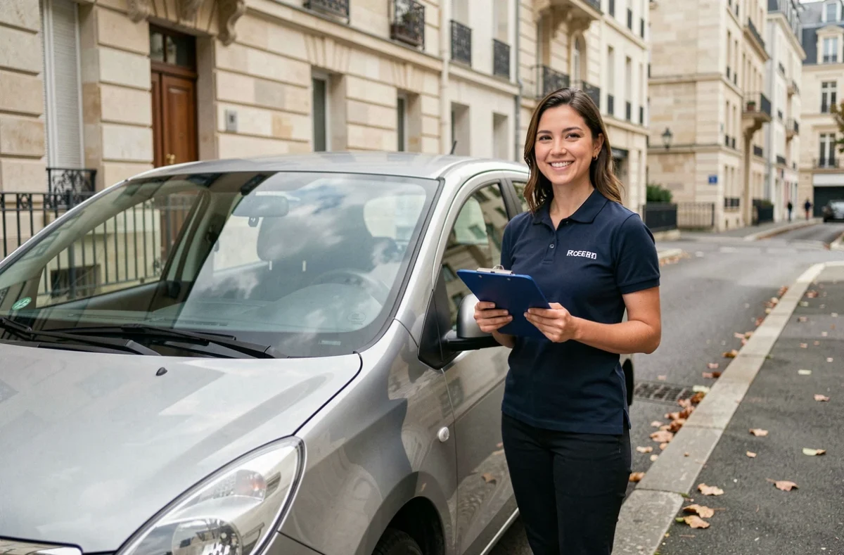 Instructrice de l'Auto-Ecole Pommery debout devant un véhicule d'enseignement dans le quartier Pommery à Reims