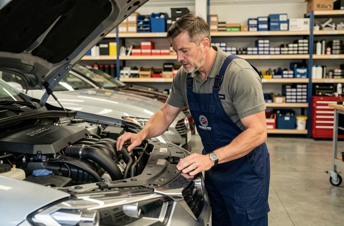 Mécanicien professionnel inspectant un moteur dans le garage multimarque Auto Villeneuve près de Toulouse