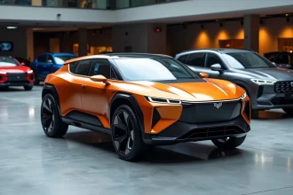 Comparaison entre une voiture Aztek des années 2000 et des SUV modernes 2026 au design influencé, dans un musée automobile