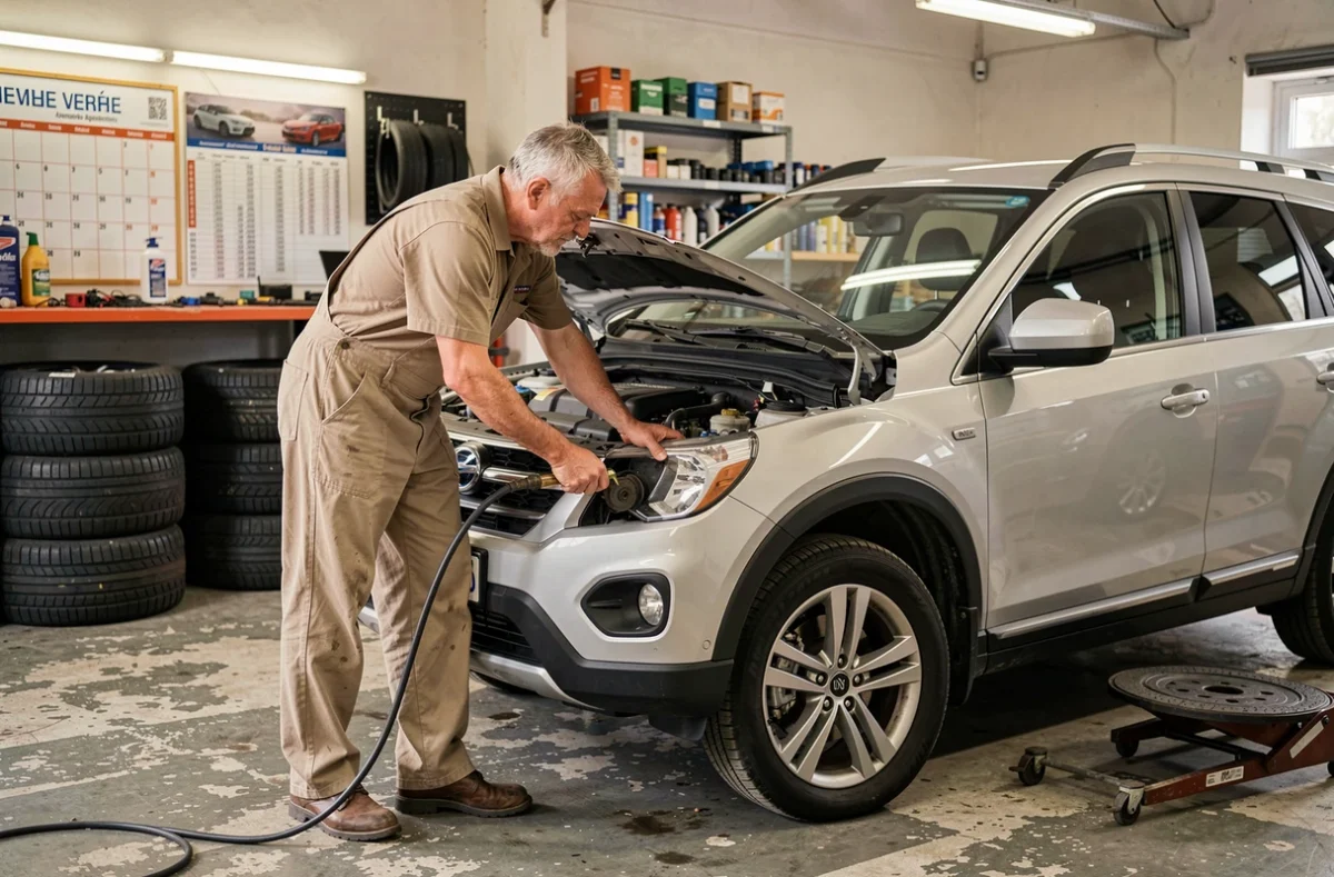 Mécanicien de Baranger Automobiles réalisant un entretien multiservices sur un SUV en Vendée