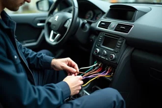 Technicien automobile connectant un faisceau de câbles couleur autoradio sur une Peugeot pour conserver les commandes au volant