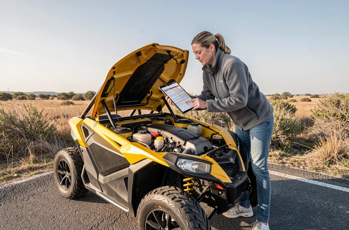 Buggy homologué route avec capot ouvert pour révision en bord de route rurale