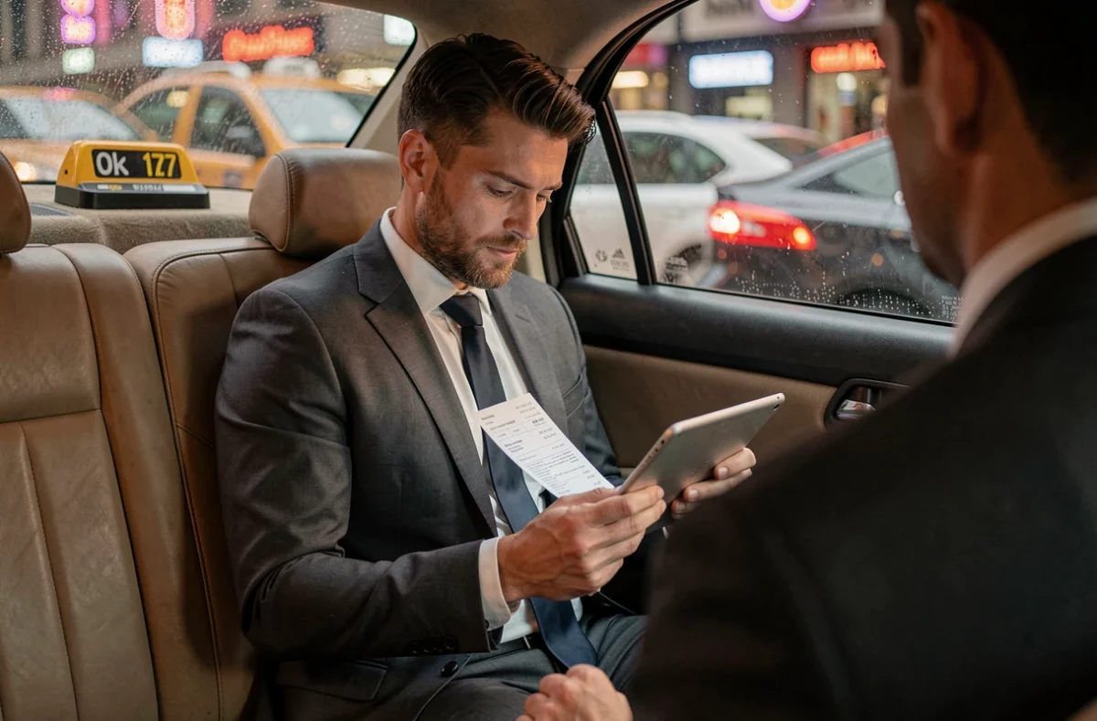 Un cadre consultant ses notes de frais dans un taxi pendant un trajet professionnel