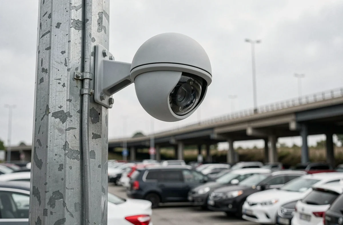Caméra de vidéosurveillance installée sur un poteau dans un parking de covoiturage sécurisé en France