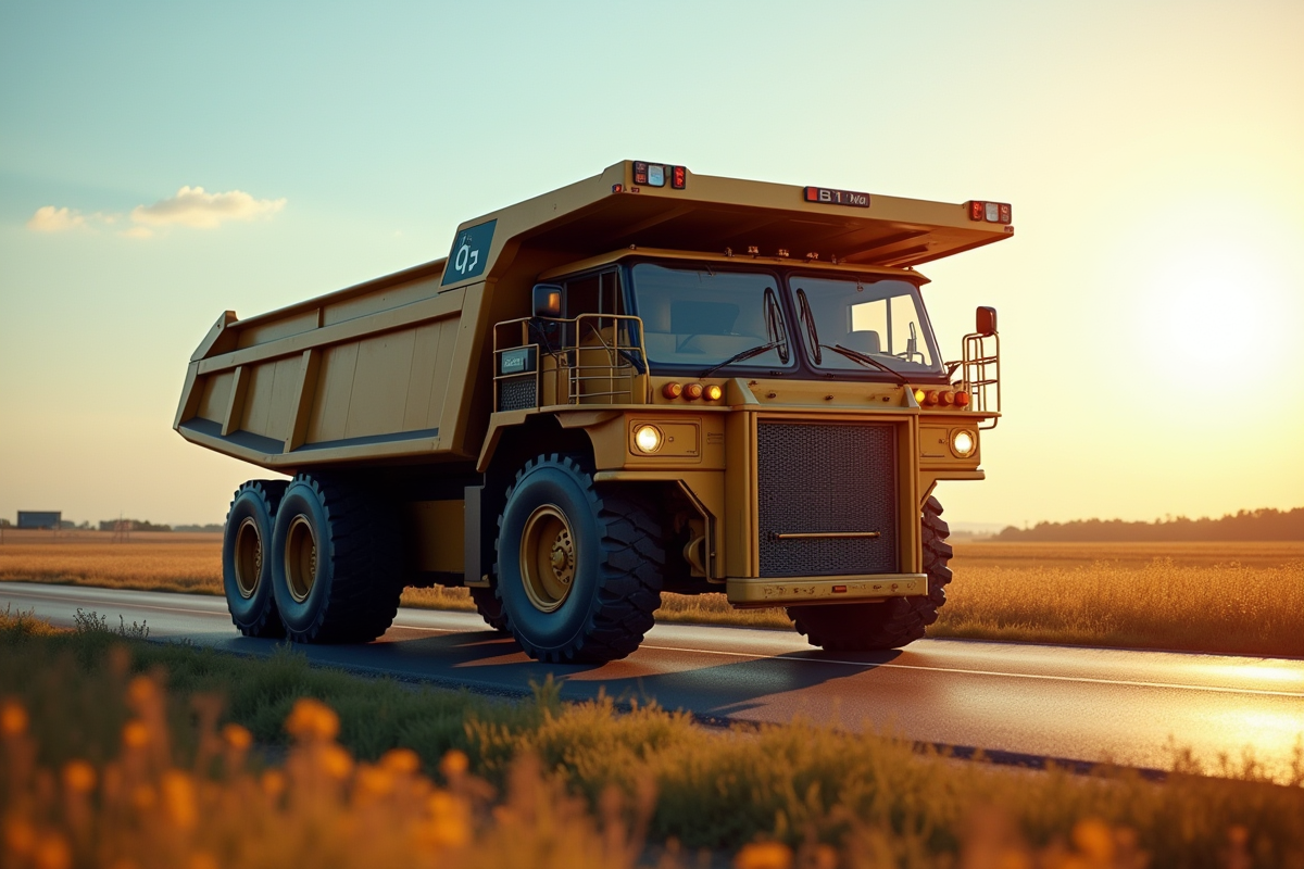Camion benne de 32 tonnes sur une route rurale en campagne