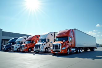 Plusieurs camions utilitaires d'occasion garés dans un dépôt en plein air