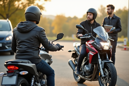 Candidat à l'examen moto attendant nerveusement dans la cour de l'auto école