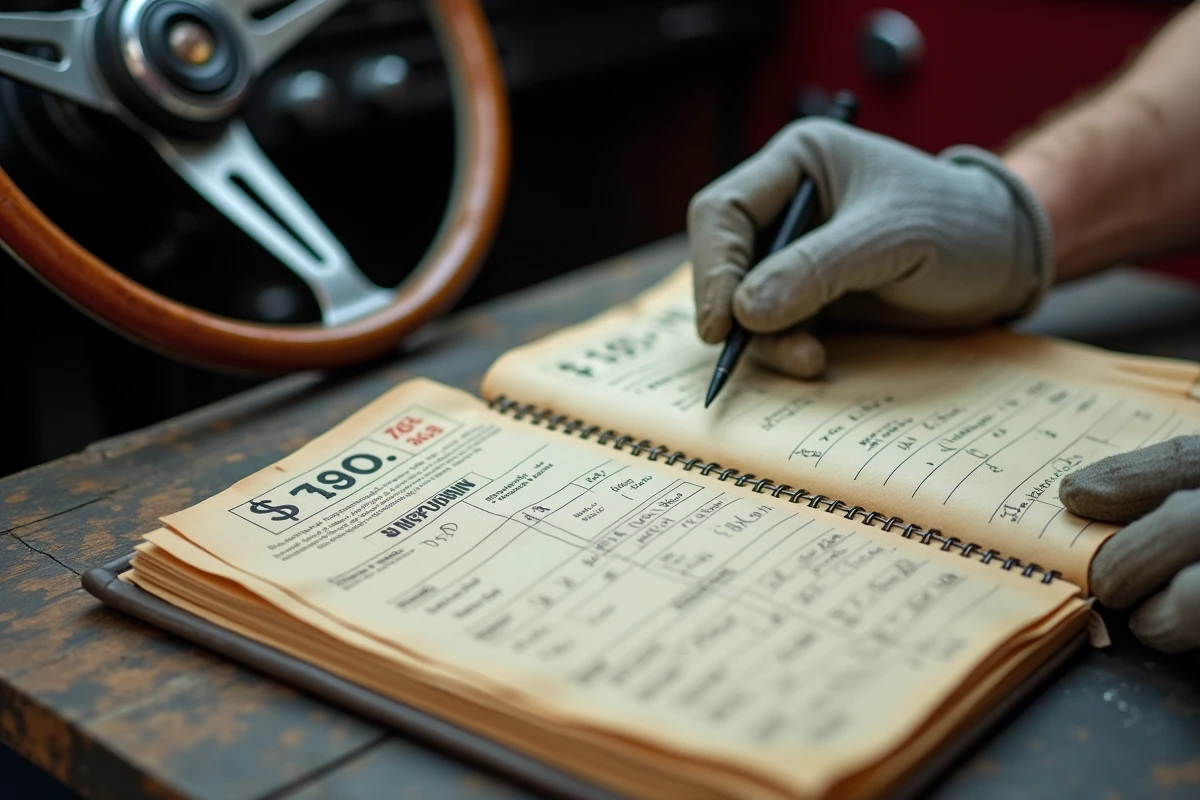Carnet d'entretien et factures originales d'une voiture de collection étalés sur un établi de garage, témoignant de la valeur d'un historique complet à la revente