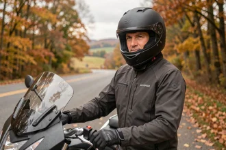 Motard portant un casque intégral matte noir à côté de sa moto sur une route de campagne en automne