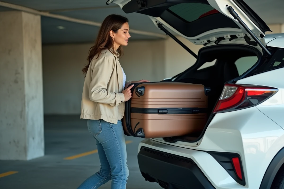 Femme chargeant une valise dans le coffre d'un Toyota C-HR 2026 dans un parking souterrain
