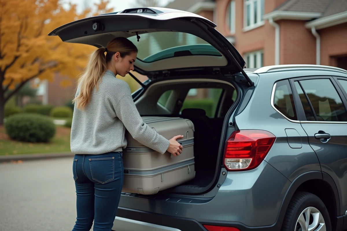 Femme chargeant une valise dans le coffre d'un SUV Peugeot 3008 dans une allée résidentielle en automne