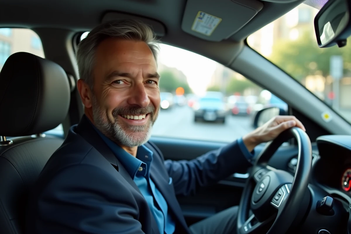 Homme chauffeur de taxi souriant dans sa voiture en ville