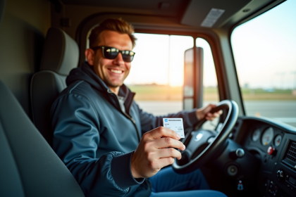 Conducteur de camion professionnel tenant sa licence C2 dans le camion