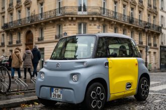 Citroën Ami garée dans une rue parisienne, illustration d'un véhicule sans permis en milieu urbain