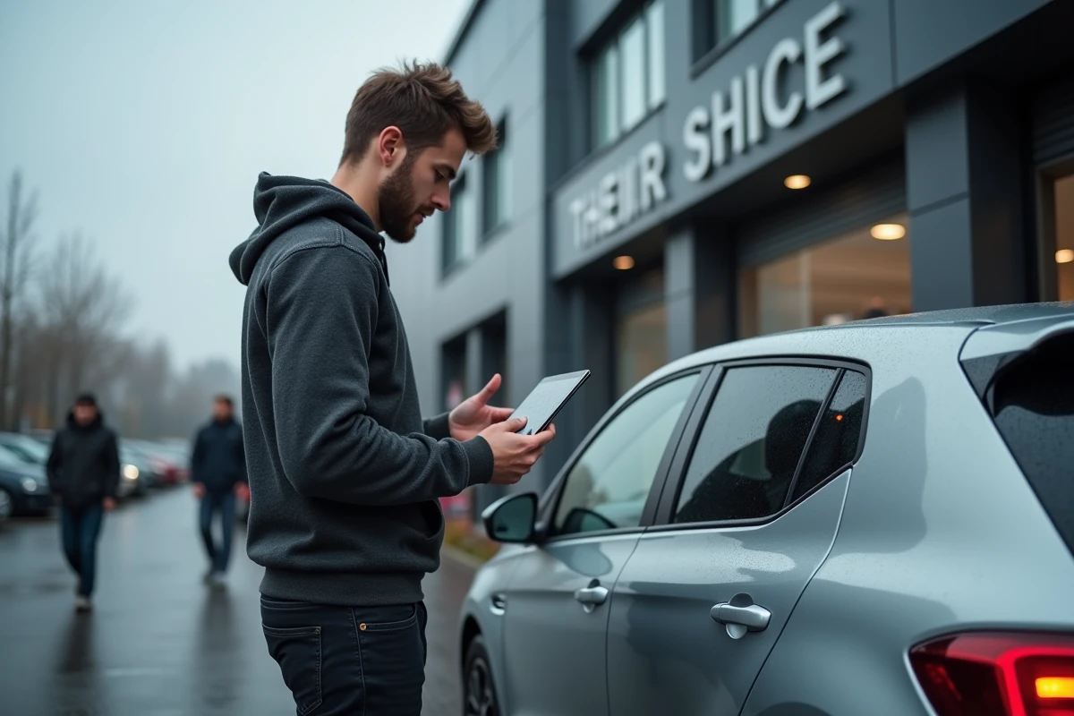Client consultant les données de reprogrammation moteur sur tablette devant le centre Shiftech Lille avec son véhicule récent
