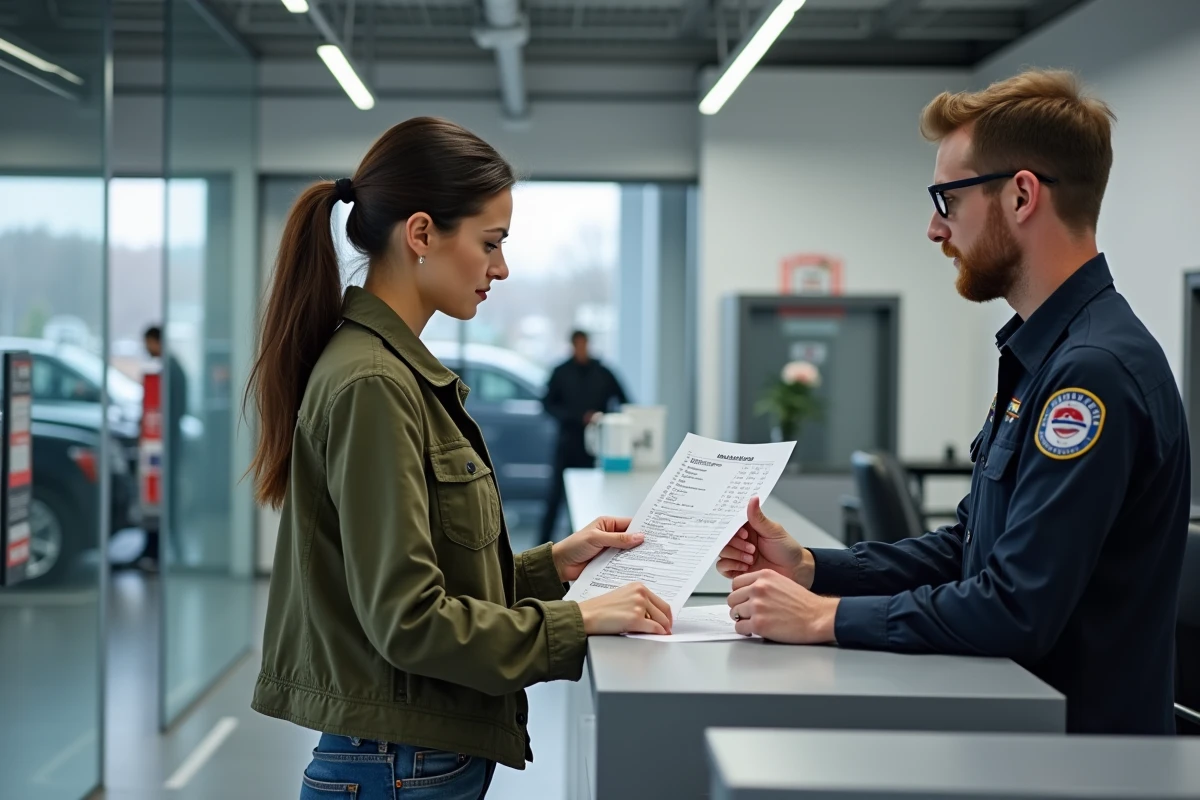Cliente consultant les résultats de son contrôle technique scooter avec un conseiller en centre agréé