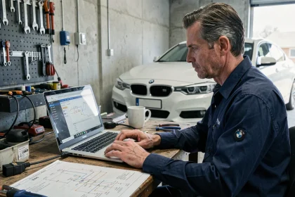 Homme en train d'utiliser un logiciel de codage BMW Nscexpert sur un ordinateur portable dans un garage maison