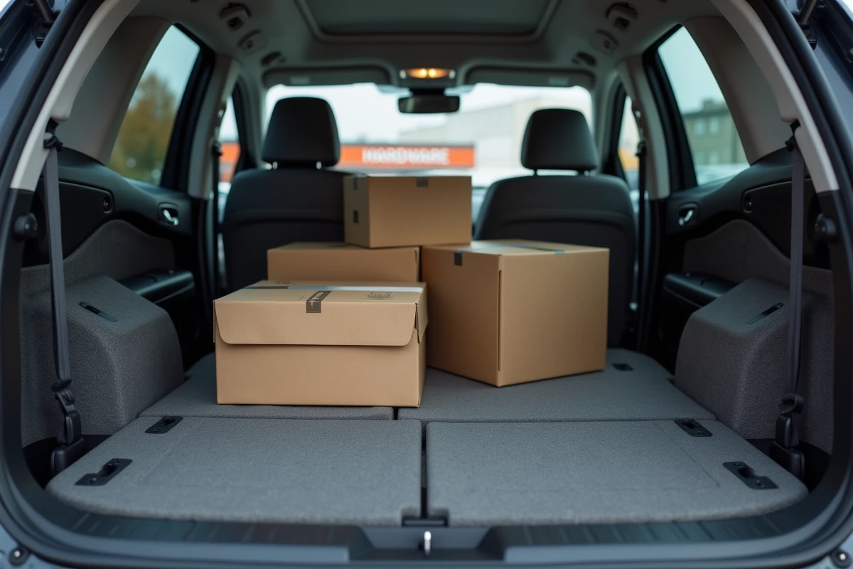 Coffre modulable du Peugeot 3008 avec sièges rabattus formant un plancher plat chargé de cartons de meuble