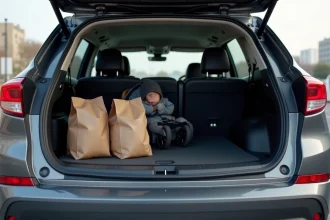 Volume du coffre d'un SUV compact Peugeot 3008 ouvert avec bagages chargés dans un parking urbain