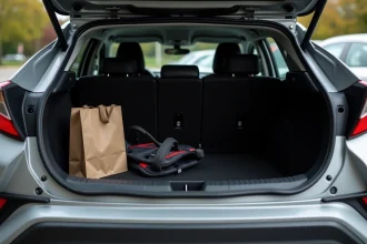 Coffre ouvert du Toyota C-HR 2026 avec bagages du quotidien, vue arrière depuis le parking