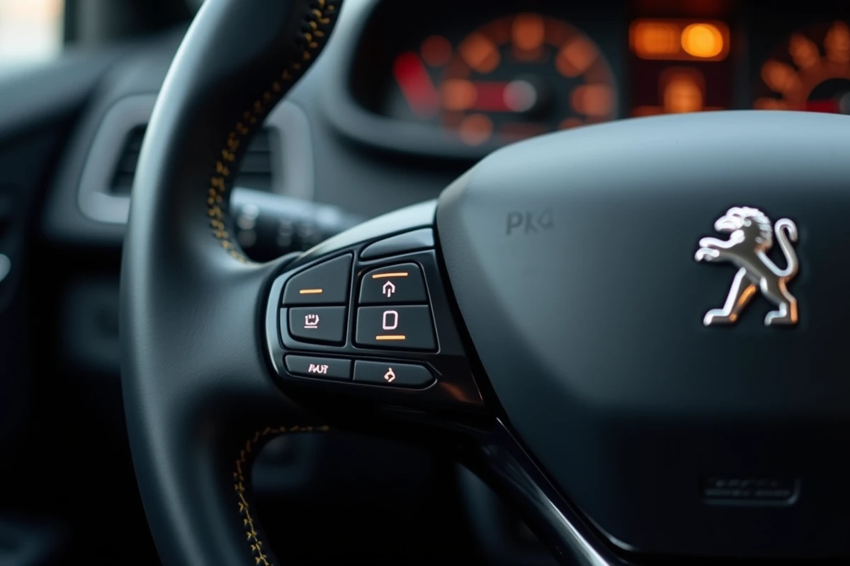 Commandes au volant d'une Peugeot en gros plan montrant les boutons multifonctions pour le contrôle de l'autoradio