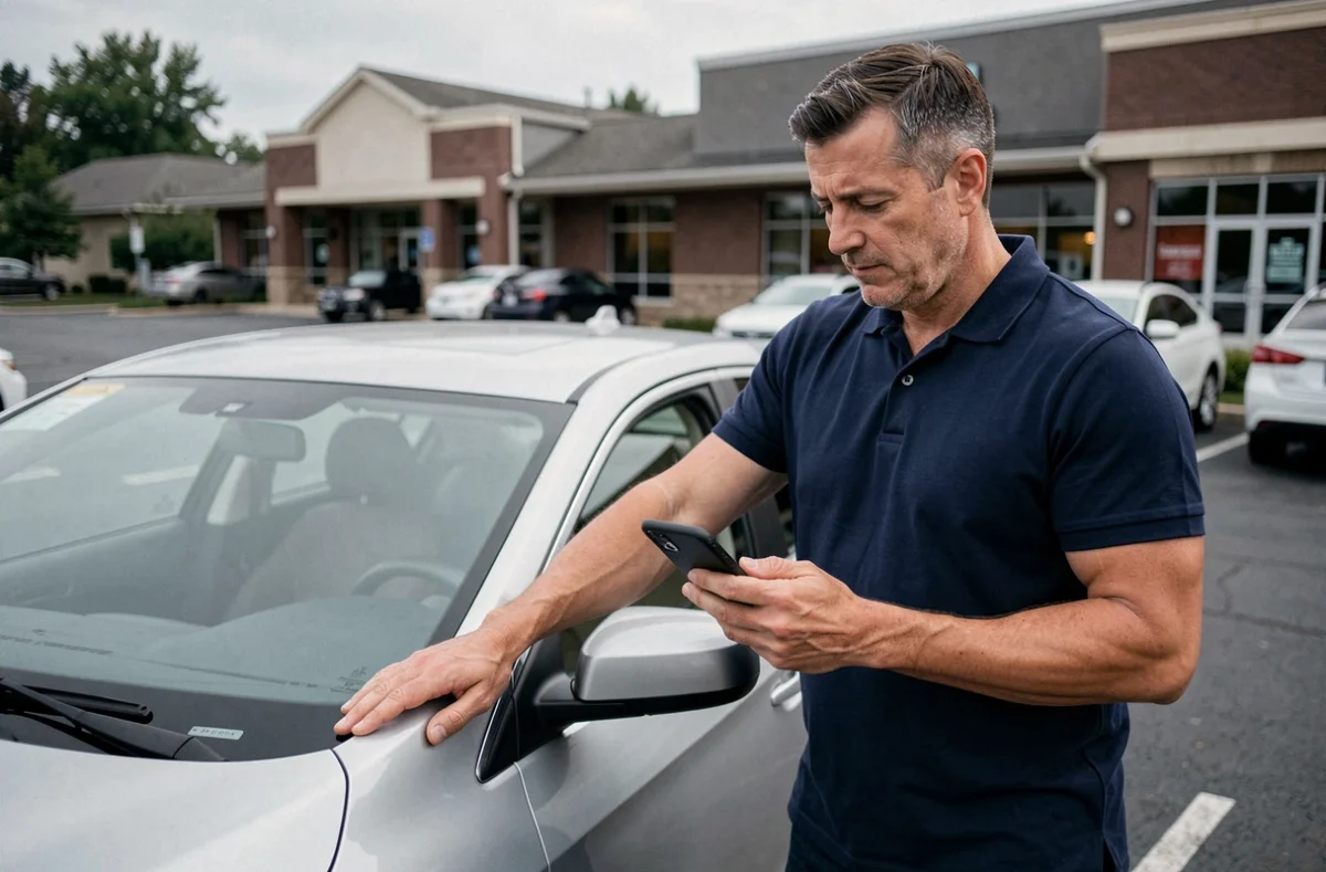 Homme comparant des offres d'assurance auto en ligne sur son smartphone à côté de sa voiture