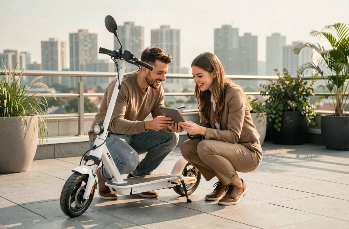 Deux collègues comparant des offres d'assurance scooter électrique sur une tablette sur un toit terrasse urbain