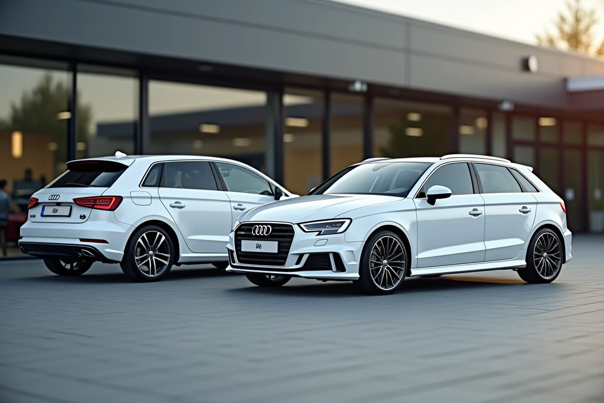 Comparaison côte à côte de l'Audi A3 Sportback et de la berline en blanc devant un showroom automobile mettant en évidence les différences de silhouette